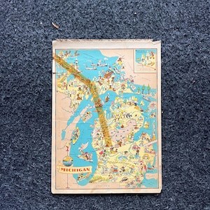 1931 Cartoon MICHIGAN Pictorial Map, Original Atlas Page, Cottage Core Art, Vintage Wall Decor, Collectible Western Style, Comic Gifts