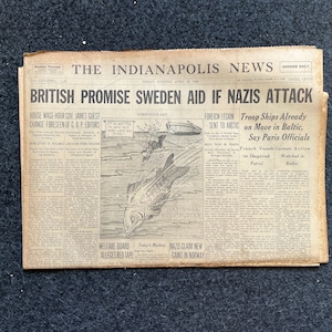 WW2 1940 Britain Aids Sweden, Fall of Paris, WW2 Memorabilia, Vintage Newspaper, Original World War 2 Gifts, Europe Wall Decor, Military