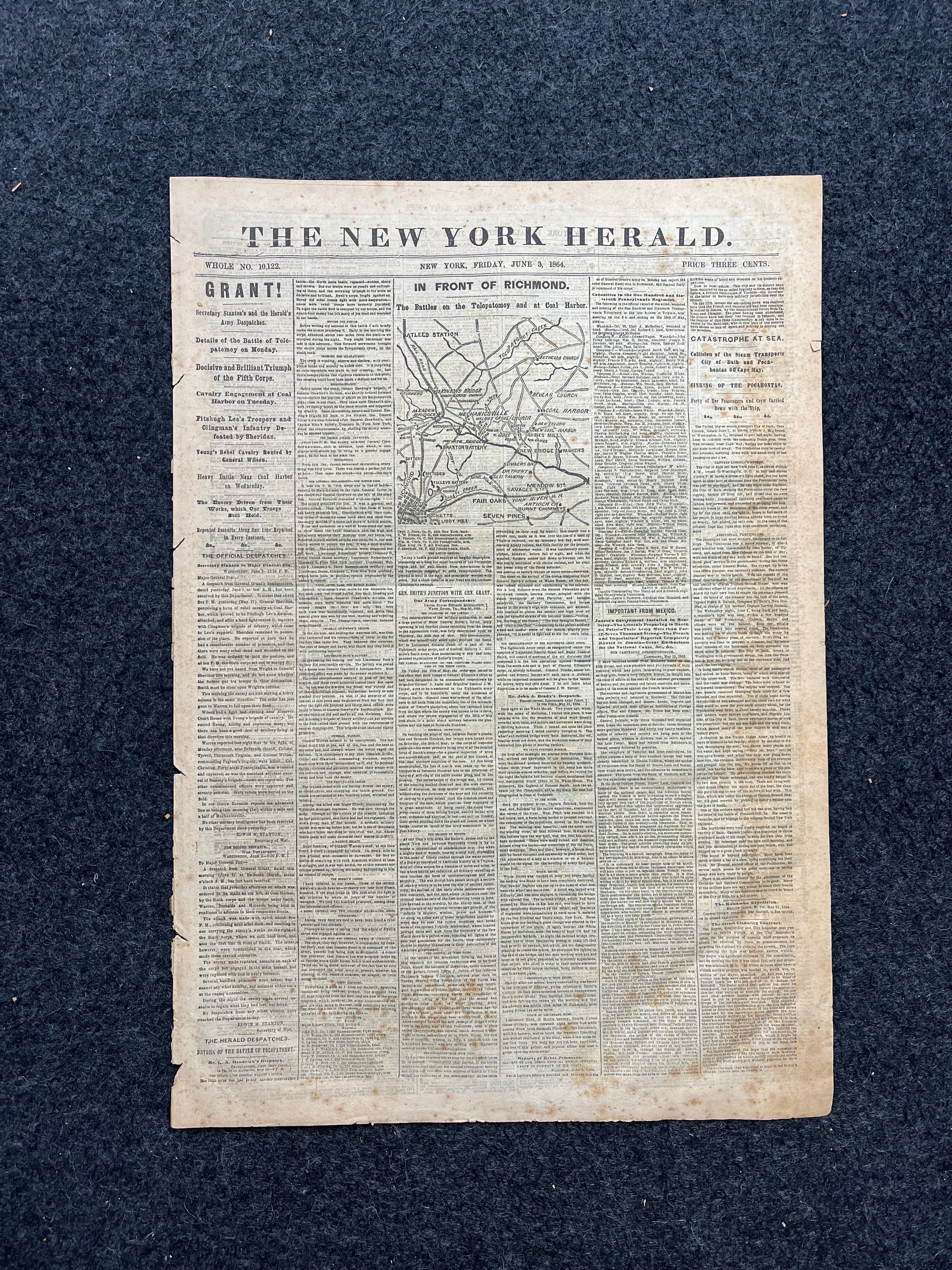 1864 Battle of Coal Harbor Civil War Newspaper, Civil War Map Original Newspaper, Virginia History Memorabilia, Gifts for Dads Civil War Dec