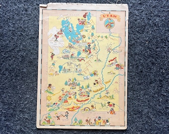 1931 Cartoon UTAH Pictorial Map, Original Atlas Page, Cottage Core Art, Vintage Wall Decor, Collectible Western Style, Mormon Art