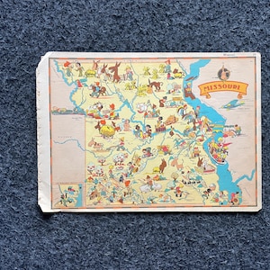 1931 Cartoon MISSOURI Bildkarte, Original Atlas Seite, Cottage Core Art, Vintage Wanddekoration, Sammlerstück im westlichen Stil, Comic Geschenke