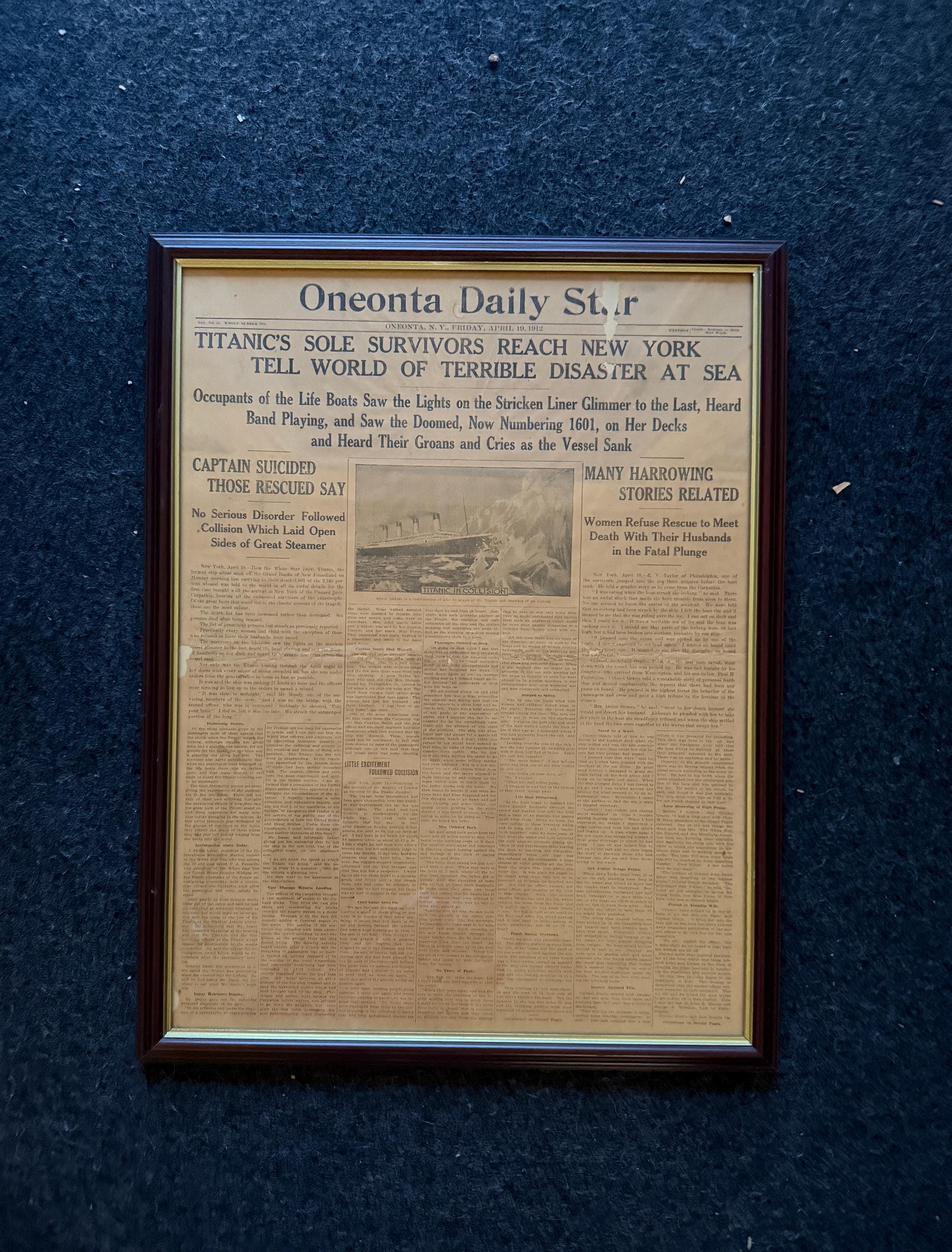 Framed Original 1912 Titanic Sinking Newspaper 18.5
