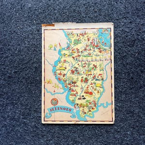 1931 Cartoon ILLINOIS-afbeeldingskaart, originele Atlas-pagina, Cottage Core Art, vintage wanddecor, collectible westerse stijl, komische geschenken