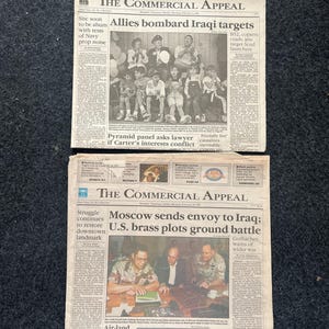 1991 beginnt der Betrieb Wüstensturmkrieg - Original Vintage-Zeitung - George Bush Sr erklärt dem irakischen Kuwait-Befreier Washington Post den Krieg