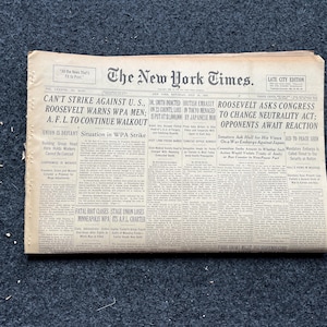 1939 WW2 US Neutrality, Military History Gifts, Vintage WW2 Decor, Original Newspaper, Fall of France, WW2 Memorabilia, World War 2