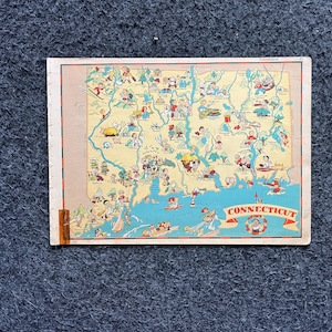 1931 Cartoon CONNETICUT-afbeeldingskaart, originele Atlas-pagina, Cottage Core Art, vintage wanddecoratie, verzamelobject westerse stijl, komische geschenken