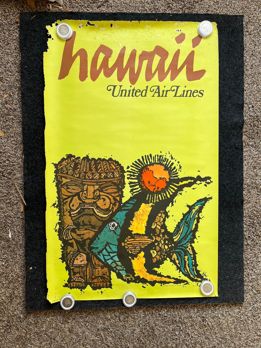1967 Hawaiian United Air Lines Vintage Travel Poster, Original Travel