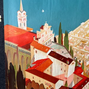 May include: A vintage travel poster featuring a colorful illustration of a cityscape with a church and a lake. The poster has the text "Printed in Switzerland" in the bottom left corner and "Litho. & Maromme, Zurich" in the bottom right corner.