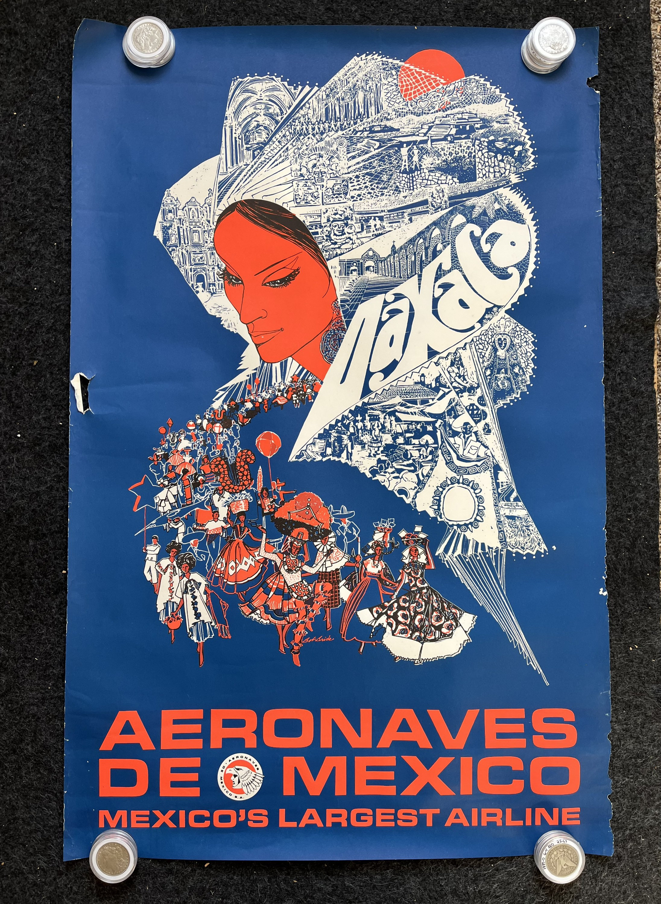 1960s Mexico Aeronaves De Mexico Original Travel Poster, Vintage