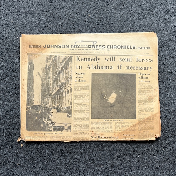 1963 год. Джон Кеннеди отправляет войска в Алабаму. Беспорядки и автобусные марши в Бирмингеме, История США, История гражданских прав чернокожих BLM - Винтажная оригинальная газета,
