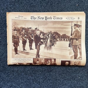 1929 Wreath Laying of WWI Tomb of Unknown Soldier Burial Newspaper, WWI Memorabilia, Arlington Cemetery Burial – US Military