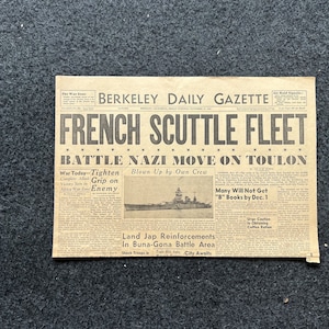 WW2 1940 France Scuttles Fleet Vintage Newspaper, German Advances into France, World War 2 Memorabilia Gifts, History Gifts, Historic Gifts