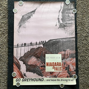Póster de viaje original de las cataratas del Niágara de 1965, Canadá, decoración de pared vintage canadiense, regalos y souvenirs de Canadá, ilustraciones de autobuses Greyhound, arte en cascada