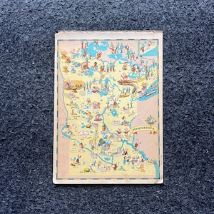 1931 Cartoon MINNESOTA-afbeeldingskaart, originele Atlas-pagina, Cottage Core Art, vintage wanddecoratie, verzamelobject westerse stijl, komische geschenken