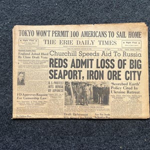 WW2 1941 USSR Russia Retreats Vintage Newspaper, German Advances into France, World War 2 Memorabilia Gifts, History Gifts, Historic Gifts