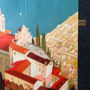 May include: A vintage travel poster featuring a colorful illustration of a city with red-roofed buildings, a church, and a body of water. The poster has the text "LITHO. DE MARIGNIER, LAUSANNE" at the bottom.