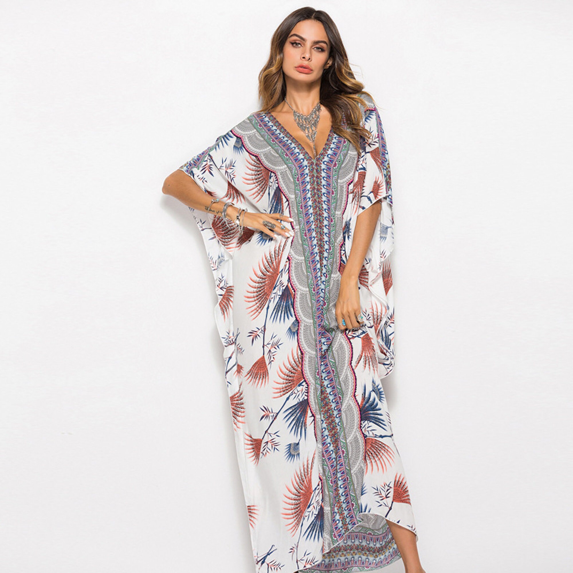Kaftan Maxi Dress Long Cover Up .  One Size, V Neck