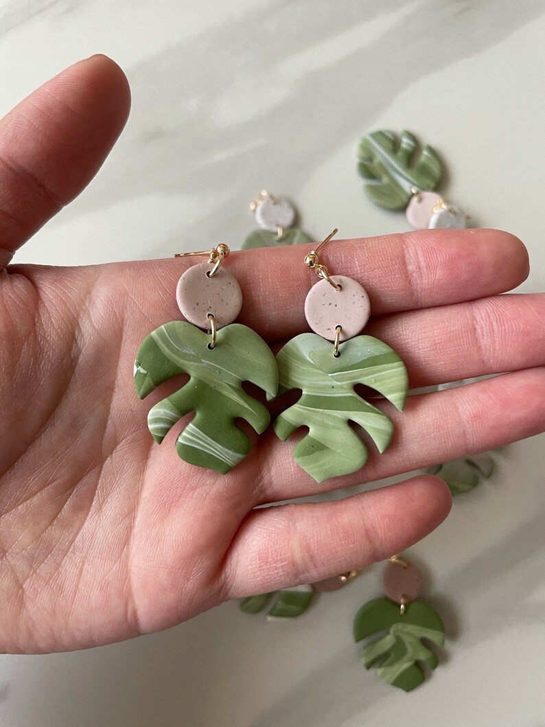 Monstera Leaf Earrings  Statement Earrings  Handmade Polymer image 4