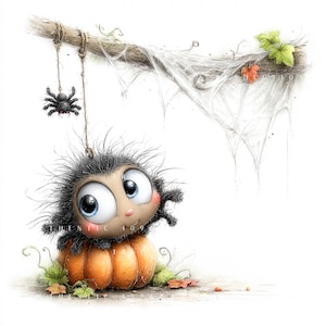 May include: A charming cartoon spider character with big blue eyes sits on an orange pumpkin. A small black spider hangs from a string above. The background features a spider web and autumn leaves, creating a Halloween theme.