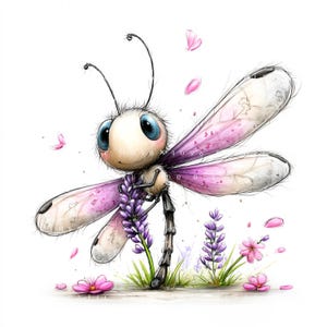 May include: A whimsical illustration of a dragonfly with large blue eyes and translucent pink wings, perched on a stalk of purple lavender. The drawing features delicate black line work, scattered pink flower petals, and a white background.