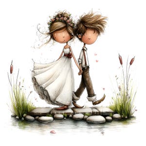 May include: A charming illustration of a couple strolling hand-in-hand across a stone path over water. The bride is in a white dress and floral crown, and the groom wears brown trousers and braces. Pink petals and reeds enhance the romantic atmosphere.