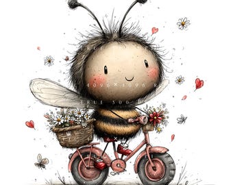 Puede incluir: Ilustración caprichosa de una abeja de dibujos animados montada en bicicleta rosa. La abeja tiene una cabeza peluda, cuerpo a rayas y lleva flores en una cesta. Corazones y margaritas flotan alrededor de la abeja, creando una escena alegre.