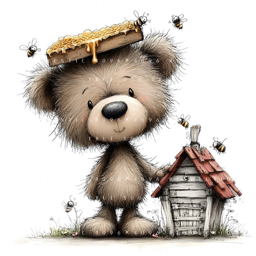 10 Whimsical Honey Bear Clipart, Cute Bear With Bees and Honeycomb ...