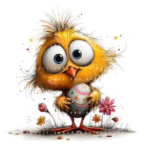 Op de afbeelding: Een grillige illustratie van een gele kuiken met grote ogen, die een versierd paasei vasthoudt. Het kuiken staat te midden van kleurrijke bloemen en gras, met verfspatten die bijdragen aan het speelse ontwerp.