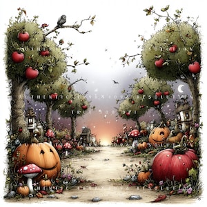 Può includere: Un'illustrazione stravagante di un sentiero attraverso un paesaggio fiabesco. Alberi carichi di mele rosse fiancheggiano un sentiero sterrato che conduce a un tramonto. Zucca sorridente, funghi e piccole case aggiungono al tema fantasy.