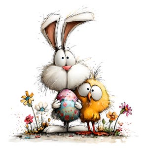 Könnte beinhalten: Eine skurrile Illustration eines Osterhasen und eines Küken. Der weiße Hase mit großen Augen hält ein verziertes Ei. Das gelbe Küken steht neben dem Hasen. Bunte Blumen und Gras befinden sich im Vordergrund. Das Bild hat einen Aquarelleffekt.