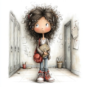 Op de afbeelding: Een cartoonillustratie van een student met volumineus krullend bruin haar, gekleed in een grijs vest, blauwe spijkerbroek en rode sneakers. De student draagt een rode schoudertas en houdt boeken vast in een gang met kluisjes en papieren.