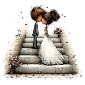 May include: A watercolour illustration depicts a bride and groom kissing on a stone staircase. The bride is in a white wedding dress, and the groom wears a grey suit. Red hearts and roses enhance the romantic, wedding theme.