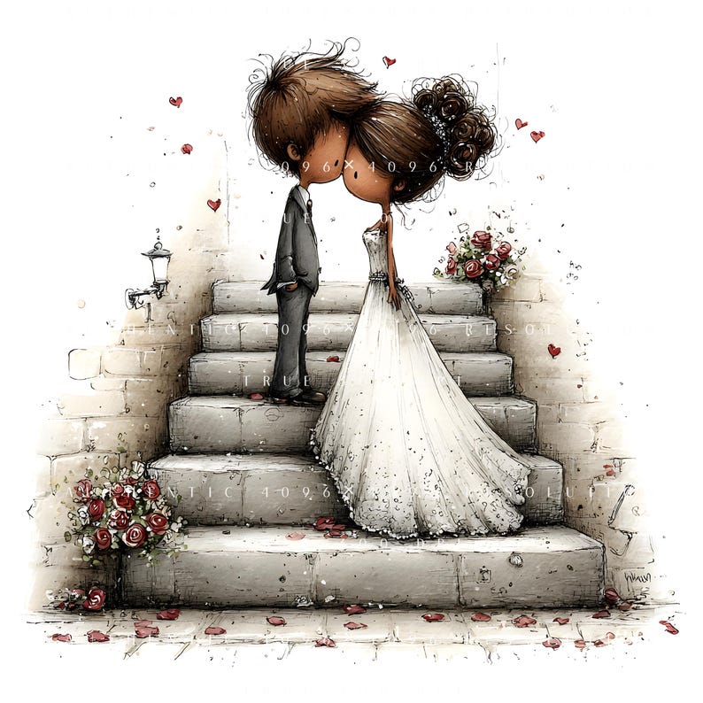 May include: A watercolour illustration depicts a bride and groom kissing on a stone staircase. The bride is in a white wedding dress, and the groom wears a grey suit. Red hearts and roses enhance the romantic, wedding theme.