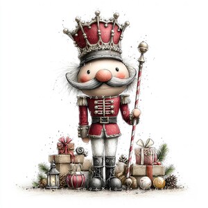 May include: A nutcracker figure wearing a red uniform with gold accents and a tall crown, featuring a large moustache and rosy cheeks. The figure holds a tall, thin, red and white striped staff, surrounded by wrapped gift boxes and pine cones.