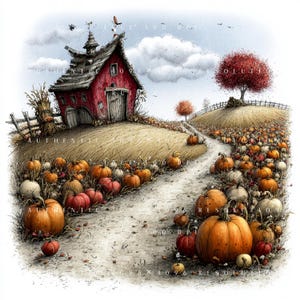 May include: A digital illustration of a red barn situated on a hill overlooking a pumpkin patch. A dirt path winds through numerous orange and white pumpkins. A tree with red leaves stands on a distant hill under a sky with white clouds.