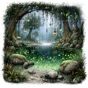 Puede incluir: Una ilustración digital de un estanque forestal al atardecer, con rocas cubiertas de musgo, linternas colgantes y luciérnagas verdes brillantes. La imagen incluye textos superpuestos TRUE 300 DPI y AUTHENTIC 4096 X 4096 RESOLUTION.