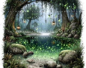 49 Green Firefly Lake Clipart Pack, Whimsical Night Forest Reflections Scene Set, Printable Art, Papercraft, Junk Journal, High-Quality JPGs