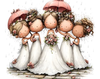 13 Whimsical Bride Party Clipart, Wedding Bridal Illustration, Printable Art, Papercraft, Junk Journal, High-Quality JPGs