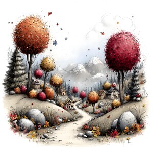 Könnte beinhalten: Aquarellmalerei einer skurrilen Herbstlandschaft mit einem gewundenen Pfad, kleinen Häusern und farbenfrohen Bäumen. Die Szene umfasst Berge im Hintergrund und verstreute Blätter, wodurch eine ruhige, märchenhafte Atmosphäre entsteht.