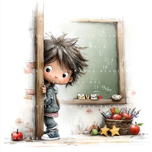 Puede incluir: Una ilustración de dibujos animados de un niño con el pelo castaño alborotado asomándose detrás de un marco de puerta de madera junto a una pizarra verde. Una cesta llena de lápices de colores y manzanas rojas descansa en el suelo.