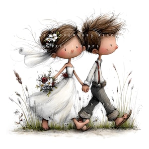 May include: A whimsical watercolour illustration of a bride and groom walking together. The bride wears a white dress, veil, and carries a bouquet. The groom is in a white shirt, braces, and grey trousers. The artwork has a storybook style and is set in long grass.