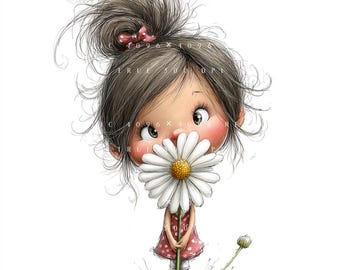 23 wunderliche Daisy Girl Clipart Bundle, Floral Frühling Girl Set, Sommer Blumen, printable Art, Papierkraft, Junk Journal, hochwertige JPGs