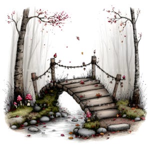 15 Whimsical Romantic Floral Bridge Clipart, Enchanted Garden Scene, Printable Art, Papercraft, Junk Journal, High-Quality JPGs