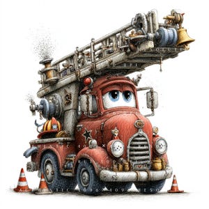 Könnte beinhalten: Eine rote Cartoon-Feuerwehrauto-Illustration mit großen blauen Augen, einer hohen Leiter auf dem Dach, einer goldenen Glocke und einem Feuerwehrhelm. Das Fahrzeug hat eine verwitterte Textur, runde Scheinwerfer und einen Kühlergrill. Drei Pylonen.