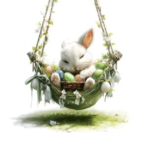 May include: A white bunny rests in a green hammock, surrounded by colorful Easter eggs. The hammock is suspended from branches adorned with white flowers. The image has a soft, watercolor-like quality, with a grassy foreground and a bright white background.