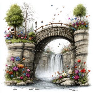 May include: A watercolor illustration of a stone bridge over a waterfall, surrounded by colorful flowers and butterflies. The bridge has a wooden railing and a lamppost. Text on the image reads "AUTHENTIC 1096 X TRUE RESOLUTION".