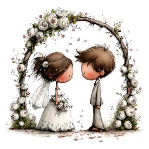 May include: A charming illustration depicting a wedding. A couple stands beneath a floral arch decorated with white roses. The bride is in a white dress and veil, holding a bouquet. The groom wears a suit. The image has soft colours and a romantic theme.