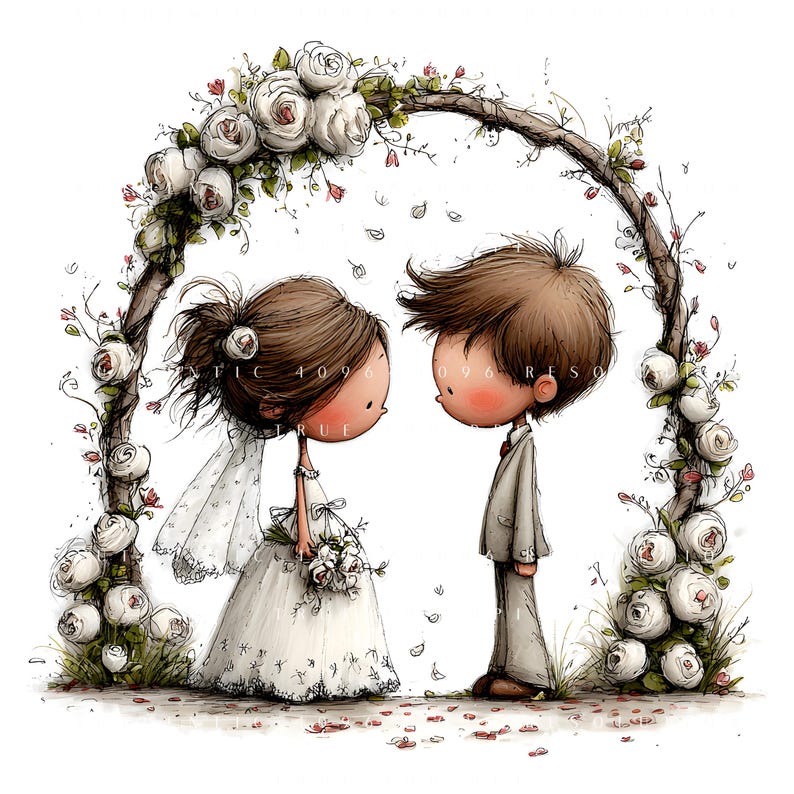 May include: A charming illustration depicting a wedding. A couple stands beneath a floral arch decorated with white roses. The bride is in a white dress and veil, holding a bouquet. The groom wears a suit. The image has soft colours and a romantic theme.