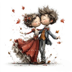 Peut inclure: Une illustration de dessin animé représentant deux personnages s'enlaçant, entourés de feuilles d'automne tombantes. L'un porte une longue robe rouge fluide avec des accents floraux, l'autre une veste de costume grise, un gilet orange et un pantalon gris.