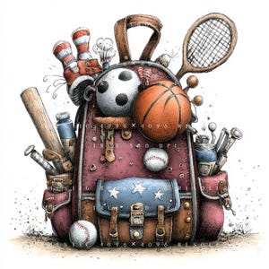 May include: A vintage-style illustration of a sports bag overflowing with equipment. The bag is a reddish-brown color with brown leather accents and is filled with a soccer ball, basketball, baseball, tennis racket, golf clubs, and other sports gear.